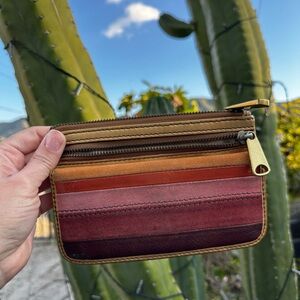 Fossil striped leather and suede zipper coin card wallet
